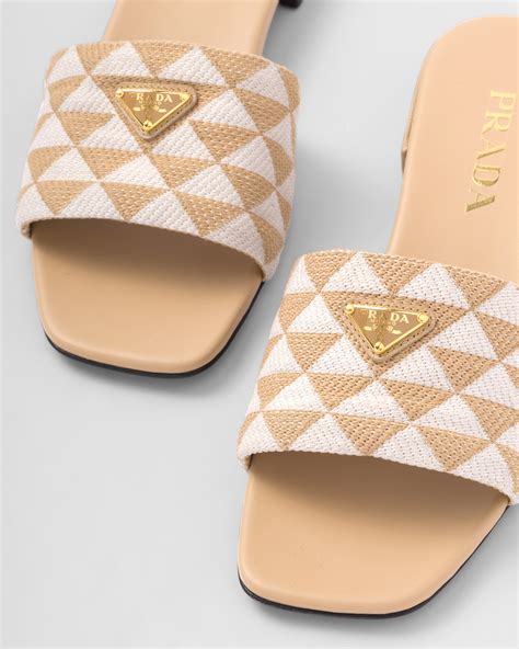 prada embroidered fabric slides|prada embroidered slides logo.